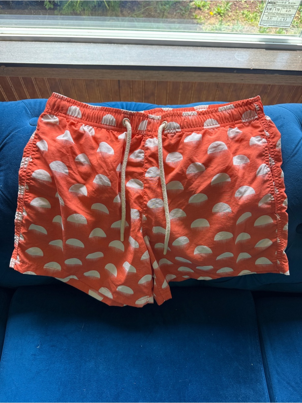 Zara Orange Swim Shorts with White Semi-Circle Print (M)
